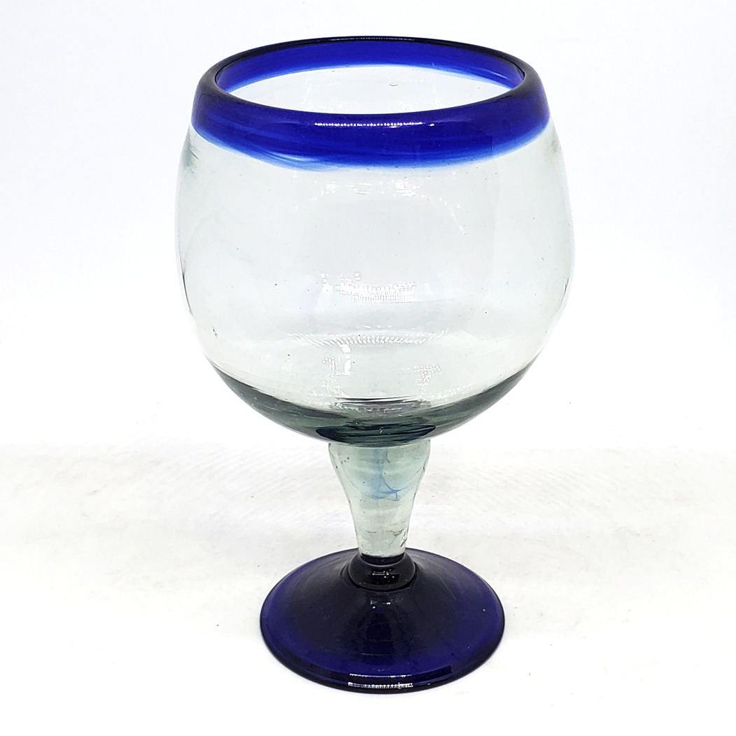 VIDRIO SOPLADO / Juego de 4 copas Chabela para cocteles con borde azul cobalto, 24 oz, Vidrio Reciclado, Libre de Plomo y Toxinas